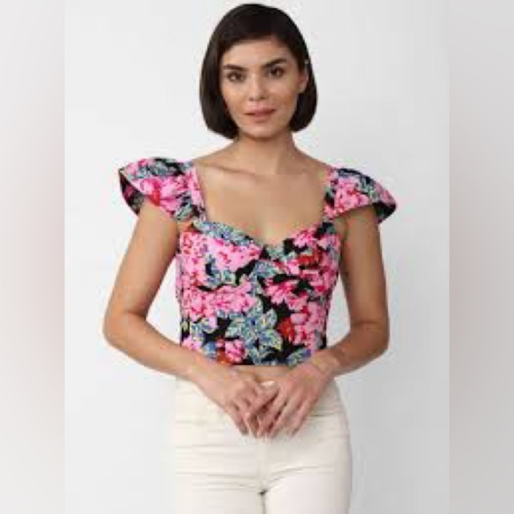 Forever 21 Floral Ruffle Sleeve Corset Top Pink and Black Size M